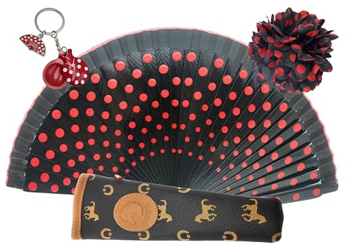 Planta Color Abanico de Lunares Pintados a Mano con Funda Artesanal. Incluye Pinza para el Pelo y LLavero Estilo Flamenco (Negro LR Pinza LR)
