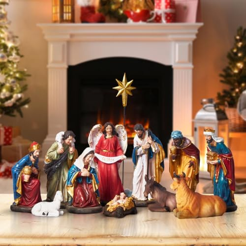 BESBLEE 5.9 Nativity Set 12-Piece for Christmas, Hand-Painted Resin Holy Family Figurines with Stable, Mini Tabletop Manger Scene, Religious Home Decor