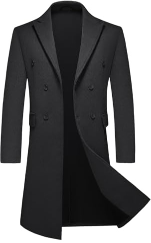 KUDMOL Mens Long Trench Coat Winter Double Breasted Wool Blend Classic Peacoat(Black,L)