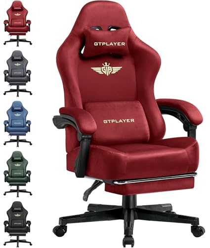 GTPLAYER Chaise de Gaming - Respirante - Ergonomique - Tissu de qualité supérieure - Ergonomique - Dossier réglable à 160° et Repose-Pieds Extensible - Charge 180 kg - Rouge