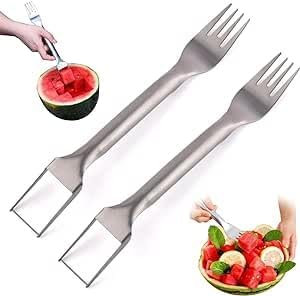 Cortador de Sandía de Acero Inoxidable de 2 Piezas, Cuchillo y Tenedor de Sandía 2 en 1, Cuchillo de Acero Inoxidable para Sandía, Cortador de Frutas de Verano, Herramienta Multiusos para Sandía y Mel