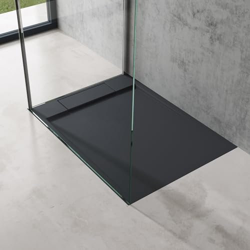 doporro Duschtasse Duschwanne 75x100x4 flach Mineralguss in Anthrazit inkl. Ablaufgarnitur AL06 DIN-Anschlüsse für bodenebene Montage geeignet Geoma04