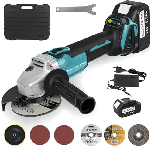 KEATFE Smerigliatrice angolare a batteria 18 V, Ø 125 mm, velocità 9000 rmp, brushless, copertura a sgancio rapido, impugnatura anti-vibrazione, 1 batteria e caricatore da 5,5 Ah