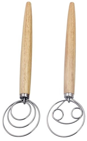 Frusta a pasta lievitata, 2X frusta olandese in acciaio, manico in legno, Strumenti da pasticceria, strumento di miscelazione frusta da cucina, per la cottura di torte, dolci, pizza