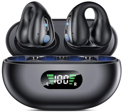 Boytond Open Ear Clip Wireless Earbuds Bluetooth 5.3, Sports Earphones Built-in Microphone with Earhooks & Ear Hook, Wireless Charging Case & Display, Waterproof Fitness Headphones for Sports,Black
