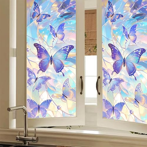 BlissYard Stained Glass Window Film Purple Butterfly Window Cover Privacy Film Static Cling Window Sticker 17.7x39.3 inch Anti-UV Sun Blocke Home Decoration Room Office Glass Partitions
