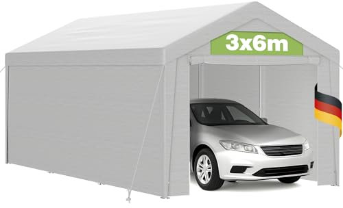 Tenda da garage 3 x 6 m con telone in PE, resistente ai raggi UV, impermeabile, telaio tubolare in acciaio, pareti laterali rimovibili, rinforzo del tetto, telaio per auto, riparo temporaneo, colore