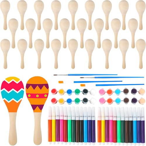 28 Pack DIY Wooden Maracas Mini Wood Maracas with 32 Pcs Painting Tools Painted Maracas Unfinished for Mexican Fiesta Cinco De Mayo Party Supplies