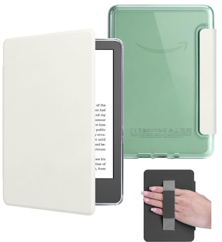 HOICHOE Case for 6 Kindle 2024/2022 Release (11 Generation), Light PU Leather Cover and Transparent Hard Back Shell with Hand Strap, Auto Sleep/Wake, Creamy White