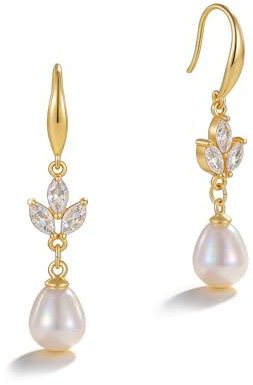 HANLI Perlen Ohrringe Damen 14K Gold Vergoldet mit Cubic Zirkonia Hängend Perlentropfen Zierliche Einfache Hochzeit Baumelnde Süße Ohrstecker für Bräute Frauen Geschenke