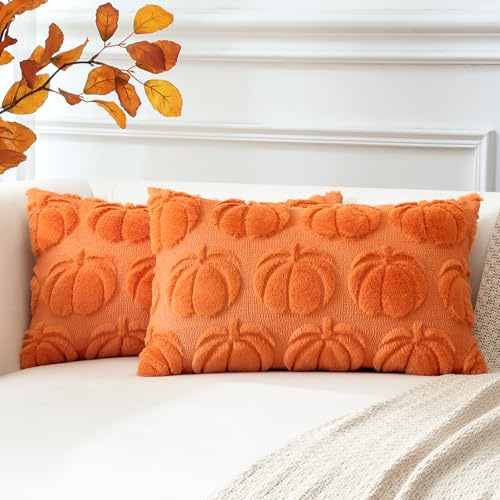 Artscope 2er Set Wolle Kürbis Kissenbezüge Weicher Plüsch Kurzer Wollsamt Dekokissenbezüge Herbst Kissenhülle Sofakissen Herbstdeko für Sofa Schlafzimmer Halloween Orange, 40x60cm