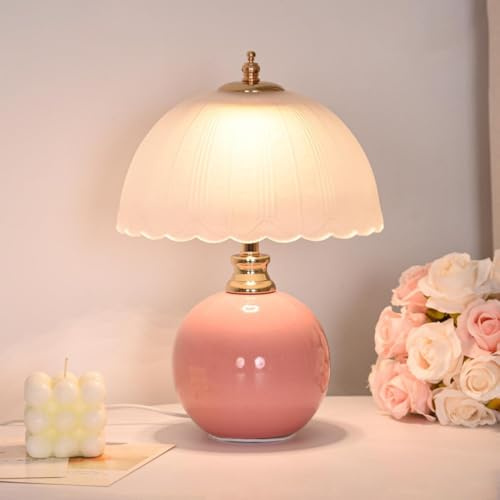 Mengjay Tischleuchte mit Glas Lampenschirm - Tischlampe für das Wohnzimmer in Keramik - ideal als Nachttischlampe für das Schlafzimmer - mit E27-Fassung und Schalter (Rosa)