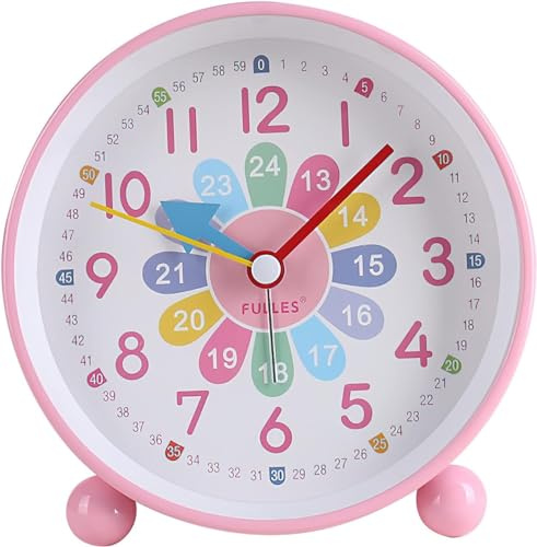 DAWRIS Despertador infantil para niñas sin tictac, reloj de aprendizaje para principiantes, con luz nocturna y cuarzo silencioso, analógico, silencioso, rosa, despertador para habitación infantil