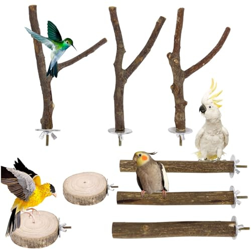 Sitzstangen für Vögel, Wellensittich Spielzeuge 8 Stück Natur Sitzstangen Set Vogelspielzeug Holz mit Leiter, Sitzstangen für Vogelkäfige Sittiche Nymphensittiche Wellensittiche