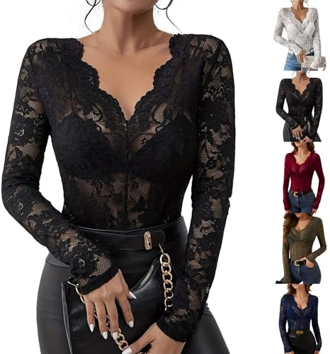 Blouse Femme Chic Et Élégant - Haut Transparent Noir Femme Soiree Hiver Col V Tee Shirt Sexy Thermique Manches Longues Top Pas Cher Transparent sous Vetements(Noir,L)