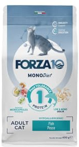 Forza 10 Gatto Adult MONO gusto PESCE, alimento completo monoproteico per gatti adulti di tutte le taglie, ipoallergenico, senza coloranti nè conservanti | 2 confezioni da 400 g.