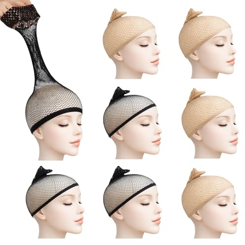 8PCS Wig Cap, Zwei Farben Haarnetz für Perücken, Nylon Perückennetz, Offenes Ende Haarnetz Perücke für Unisex, Mesh Perücke Kappe für Alltagsperücken Fasching(4 Hautfarbe + 4 Schwarz)