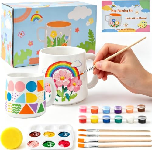 Keramik Bemalen Set für Erwachsene, Diy Tassen Bemalen Set für Anfänger | 2 Weiß Keramiktasse 4 Pinsel, 2 Farbwanne, 1 Schwämmen, 2*12 Farben und Anleitung, DIY Set für Erwachsene und Kinder