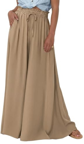 EIRUKON Pantalon Fluide Femme Large Taille Haute Chic et Elegant Pantalon Palazzo avec Poches Décontracté Couleur Unie/Imprimé Bohème Taille Elastique Baggy Pantalons de Plage