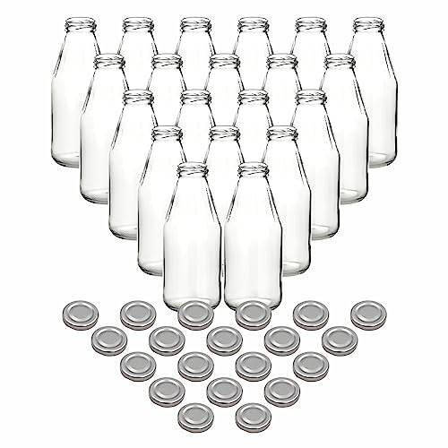 gouveo 20er Set Glasflaschen 500 ml (0,50 l) Saftflasche 500 ml rund TO 43 Schraubdeckel silberfarben, runde Klarglasflaschen zum Abfüllen, Aufbewahren & Transportieren (SF500S)