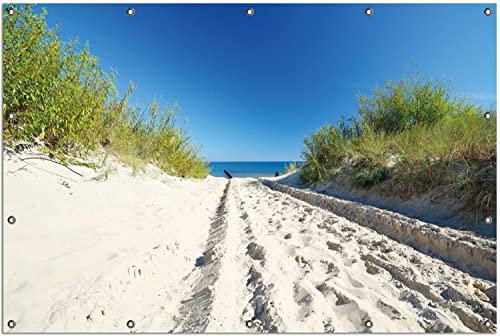 Wallario Outdoor-Poster für Garten oder Balkon Auf dem Sandweg zum Strand - Blauer Himmel über dem Meer, Motivbanner Größe: ca. 120 x 180 cm, Outdoor-Bild