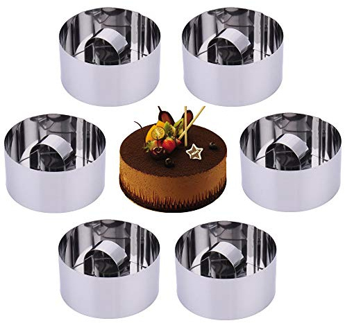 OnePine Acero Inoxidable pequeño Redonda Molde de Pastel Mousse y pastelería Mini Molde para Hornear con un empujador (6 Piezas)