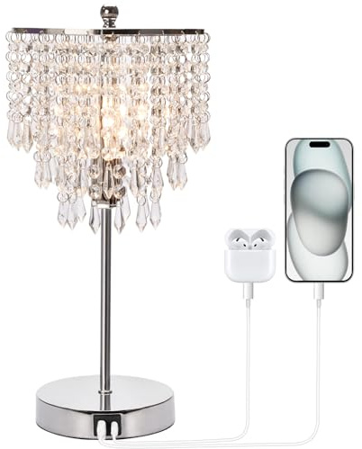 Touch Control Crystal Table Lamp with USB C+A Charging Ports, 3-Way Dimmable Bedside Touch Lamp Decorative Nightstand Lamp with Elegant Lampshade for Living Room Bedroom, B11 LED Bulb Included