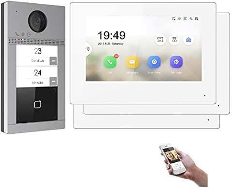 Mathfel 2-Draht IP Video Türsprechanlage 2 Familienhaus mit Fingerprint – Anthrazit Außenstation, RFID, WLAN, Full HD 170° Kamera, Starlight Farbbild bei Nacht, App, mit 3 Monitoren