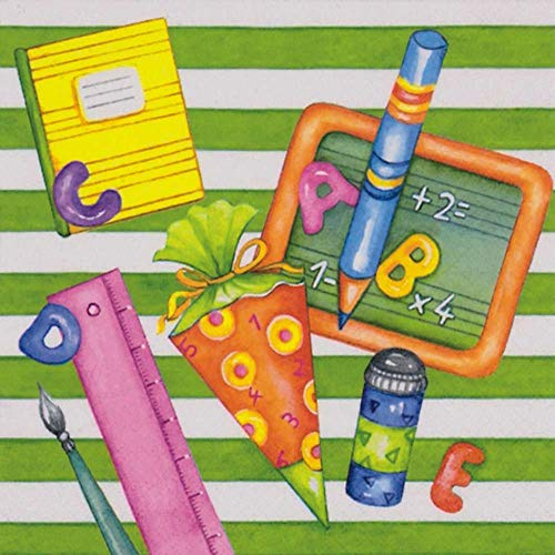 linoows 20 Servietten Einschulung, Willkommen in der Schule, Schulutensilien 33x33 cm