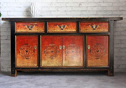 OPIUM OUTLET Asiatisk vardagsrum-byrå, kinesisk sideboard, svart orange, buffétillbehör, bröllopsskåp vintage stil