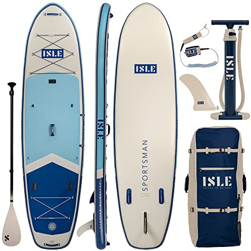 ISLE Sportsman Aufblasbares Stand Up Paddle Board, inkl. Sicherheitsleine, 3-Finnensystem, Rucksack, Pumpe, Paddel - Angel SUP - 350,52 x 91,4 x 15 cm - max. 12,25 kg - California Design - Aqua/Marine