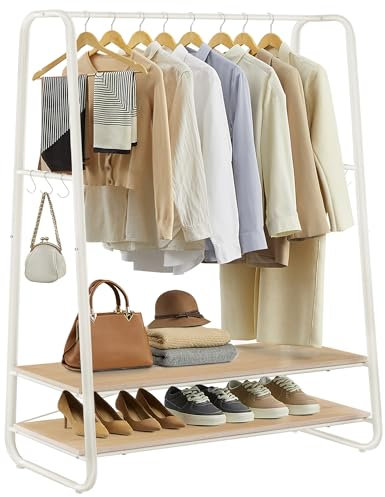 VASAGLE Kleiderständer, Garderobenständer, Garderobe, 2 Ablagen, 6 Haken in S-Form, Stahlgestell, 45 x 100 x 160 cm, für Schlafzimmer, Flur, Eingangsbereich, eichenfarben-cremeweiß RGR112W09