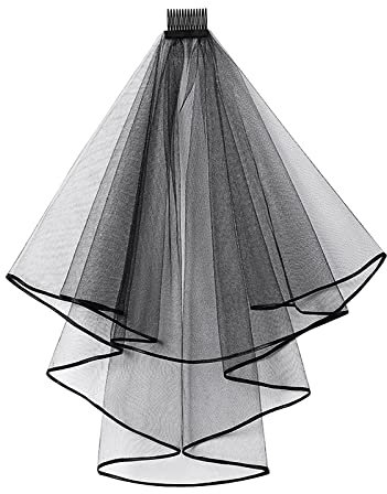 Colexy Brautschleier Kurz, Satin Mit Kamm, Double Layer Bachelorette Hochzeit Halloween Fasching Kostüm Accessoires, 80cm Vintage-Schleier, Schwarz