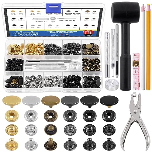 Glarks 60 Sets Leather Snap Fasteners Kit, 12.5mm 6 Colors Metal Snap Buttons Press Studs with 8Pcs Hole Punch, Hammer, Setting Tools, Grease Pencils and Tape Measure for DIY Leather Craft