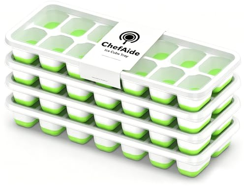 ChefAide 4‑Pack Ice Cube Trays with Lids, 56‑Cube Total Stackable Freezer Ice Trays, Durable Silicone & Plastic Easy‑Release Ice Molds for Cocktails, Coffee & Drinks