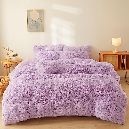 FOPPA Plush Fluffy Comforter Cover Set Queen - Ultra Soft Faux Fur bedding sets with 1 Plush Duvet Cover and 2 Shaggy Pillow cases (Queen, Lilac)