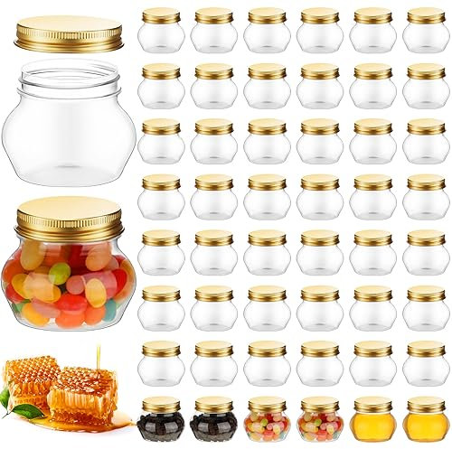 60 Pack Mason Jars with Lids, 4 oz Clear Plastic Jars Wide Mouth Canning Jars Mini Storage Containers Bulk for Herb Jelly Wedding Favors Shower Party Favors (Gold)