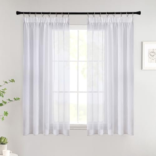 Woaboy Gardinen mit Kräuselband Kurz Fenster Voile Vorhänge Wohnzimmer Transparent Sheer Curtains Stores Gardine Schlafzimmer Modern Schlaufengardinen 2er Set 140x145cm (BxH) Weiß