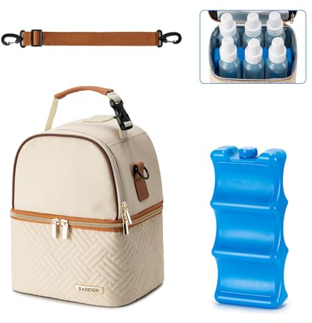 BABEYER Bolsa enfriadora de leche materna con bolsa de hielo, se adapta a 6 biberones de hasta 270 ml, bolsa de extracción de leche materna con correa para el hombro para madres lactantes, guardería