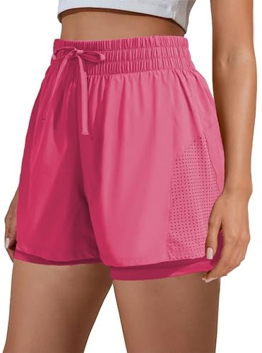 PINSPARK Damen Sporthose Kurz Sportshorts 2 in 1 Sport Shorts mit Taschen High Waist Laufhose Schnelltrocknende Trainingshose Running Hose Fitness Yoga Jogging Rebel Pink XXL