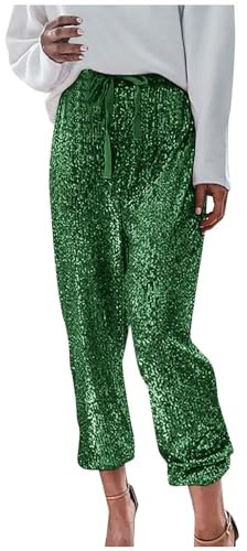 Duohropke Pailletten Hose Damen, Glitzer Hose Damen High Waist mit Gummizug Kordelzug Sexy Elegant Stretch Freizeithose Party Festliche Locker Lange Hosen für Frauen