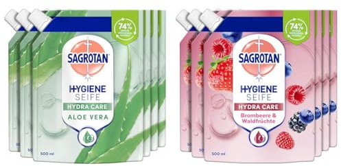 Sagrotan Handseife Nachfüller Aloe Vera – 6 x 500 ml Flüssigseife & Handseife Nachfüller Brombeere und Waldfrüchte – 6 x 500 ml Flüssigseife