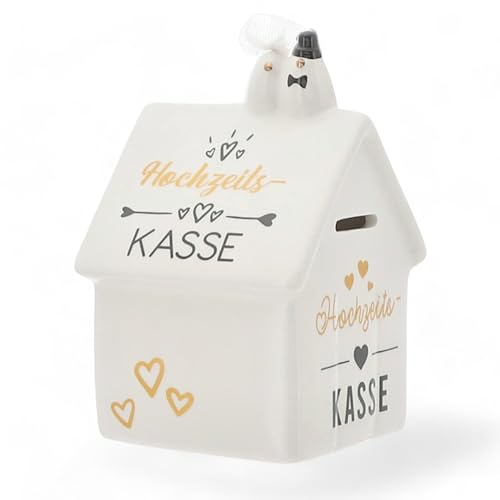 MIJOMA Hochzeitsspardose zur Ehe-Ersparnis: Originelle Spardose mit Schloss, Just Married in Keramik – Perfekt für Ehepaare und Sparfüchse (Hochzeitshaus)