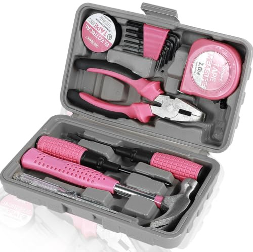 Fyeme Haushaltswerkzeug Mini Werkzeug-Set DIY Werkzeugkoffer Kleiner Werkzeugkoffer gefüllt mit Pinken Werkzeugen für Reparatur (13tlg)