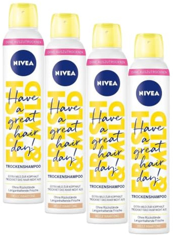 NIVEA Trockenshampoo Fresh & Mild (200 ml), extra mildes Trockenshampoo Spray für helle Haartöne mit angenehmem Duft, Trockenhaarshampoo für sofortige Frische (Packung mit 4)