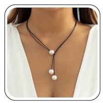 Inateannal Vintage Leather Pearl Y-Shape Necklace Black Cord Pearl Lariat Necklaces Long Pearls Y Drop Necklaces Gothic Cord Rope Choker Chain Jewelry for Women