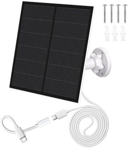 Panneau Solaire 5W pour Caméra Extérieure, Panneaux Solaires avec Port Micro USB & USB-C, 9.8ft Cable, 360° Support de Sécurité Ajustable, IP65 Waterproof