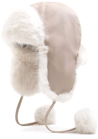 Wisafory Damen Fliegermütze Leder Fellmütze Winddicht Warm Wintermütze Trappermütze mit Pompons Schnürung Skimütze Bombermütze Kunstpelz Hut Aviatormütze für Outdoor Aktivitäten Beige