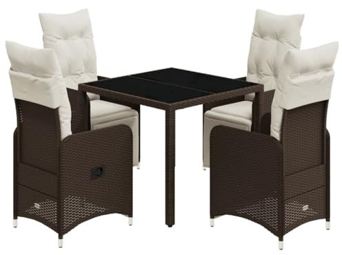 vidaXL Garten Bistroset 5-TLG., Balkonset mit Kissen, Gartenmöbel Tisch 4 Verstellbare Stühle, Balkonmöbel Sitzgruppe Gartengarnitur, Braun Poly Rattan