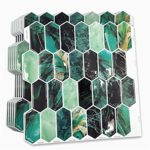 WALPLUS 6 PCS Green Hexagon Honeycomb 3D Tile Stickers 30.5 x 30.5 cm, Peel and Stick Waterproof Self Adhesive Wall Tiles for Kitchen Bathroom Splashback
